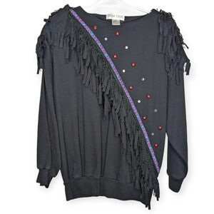 Vintage Donna Toran Black Studded Fringe Shoulder Sweater Women XL